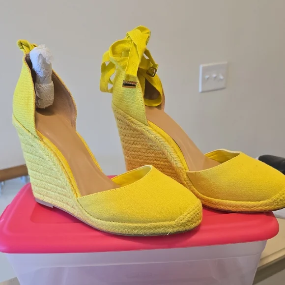Sunny Yellow Espadrille Wedges - Picture 1 of 17